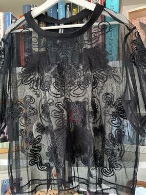Anthropologie Sheer Black “T” with Embroidery Size Large